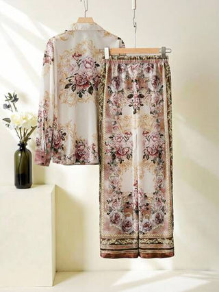 Lacomfia طقم ملابس علوية وبنطال طويل بطبعات بأكمام طويلة وأزرار أمامية ل- المرأة، قطعتين