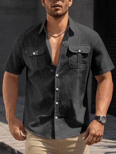 قميص رجالي بأكمام قصيرة وألوان سادة - تصميم عملي وأنيق مريح وقابل للتنفس