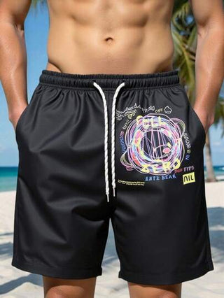 Manfinity Swimmode شورتات شاطئ للرجال مطبوع عليها شعارات كاجوال