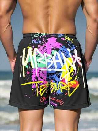 Manfinity Swimmode شورتات شاطئ للرجال مطبوع عليها شعارات كاجوال