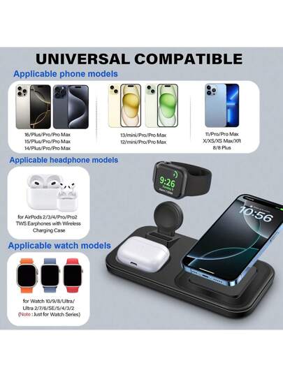 محطة شحن 3 في 1 متوافقة مع آيفون: شاحن لاسلكي متوافق مع آيفون 16e 16 15 14 13 12 11 برو ماكس، متوافق مع ساعة أبل الطراز 10 9 8 7 6 5 4 3 2 ألترا SE، متوافق مع سماعات الأذن الطراز 4 3 2 برو - حامل شاحن سريع محمول للسفر