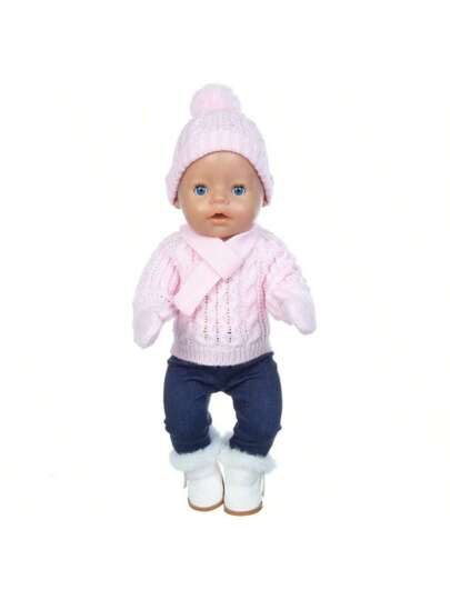 طقم مكون من 5 قطع لدمية مقاس 18 بوصة يشمل: كنزة صوفية، بنطلون، قبعة، وشاح، قفازات، لدمية مقاس 43 سم، ملابس للتنكر والتزيين (باستثناء الأحذية والدمية)