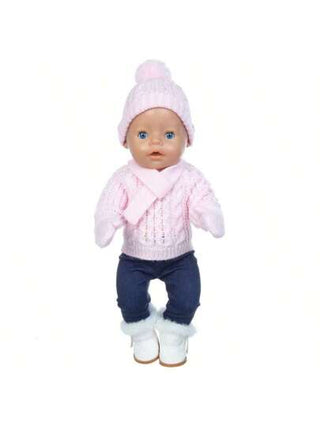 طقم مكون من 5 قطع لدمية مقاس 18 بوصة يشمل: كنزة صوفية، بنطلون، قبعة، وشاح، قفازات، لدمية مقاس 43 سم، ملابس للتنكر والتزيين (باستثناء الأحذية والدمية)