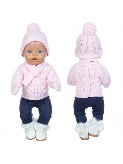 طقم مكون من 5 قطع لدمية مقاس 18 بوصة يشمل: كنزة صوفية، بنطلون، قبعة، وشاح، قفازات، لدمية مقاس 43 سم، ملابس للتنكر والتزيين (باستثناء الأحذية والدمية)