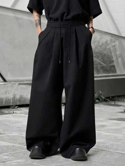 Manfinity RSRT بنطلون رجالي واسع الساق بخصر مرن وحبل شد، أسلوب العطلة