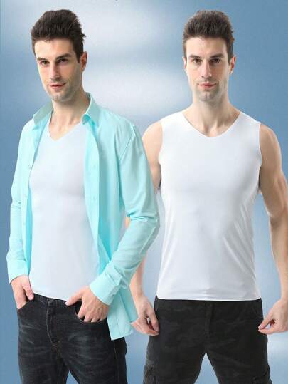 قميص داخلي بدون أكمام رجالي بياقة على شكل حرف V، قميص رياضي بلا أكمام، ملابس داخلية كاجوال بسيطة للصيف، بنفرز ضيق القالب، بدلة رياضة والرياضة الشبابية والتنزه، - متين، خفيف الوزن، سريع الجفاف، قميص أكمام قصيرة مناسب لصالات الجيم المبردة.