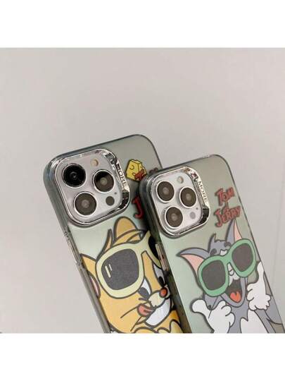 bandai قطعة واحدة من غطاء هاتف ملون وفضي بطبعة القطة والفأر IMD، مناسب لهواتف 15 برو ماكس، 12، 14/13 بغطاء خلفي صلب