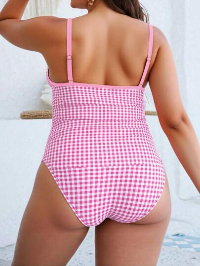 Swim Mod إطار حجم كبير للنساء ملابس علوية عليها طبعة شريطية مع حمالات سباجيتي قابلة للتعديل ومزخرفة بفيونكة وسروال بخصر عالي مربوط بفيونكة ، مجموعة بكيني ذات ظهر مكشوف مع علامة مالئة، عطلة شاطئية أنيقة وجذابة