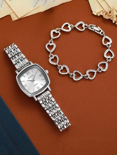 2 قطعة/طقم ساعة كوارتز بسوار ستانلس ستيل إطار بسيط على شكل شريط مع سوار، مناسب كهدية عيد ميلاد، للاستخدام اليومي'