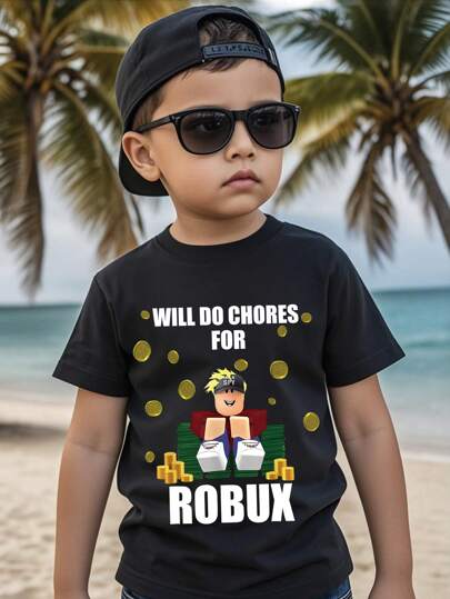 تي شيرت تي شيرت قصير الأكمام كاجوال للأولاد مع شعار وزخارف كرتونية