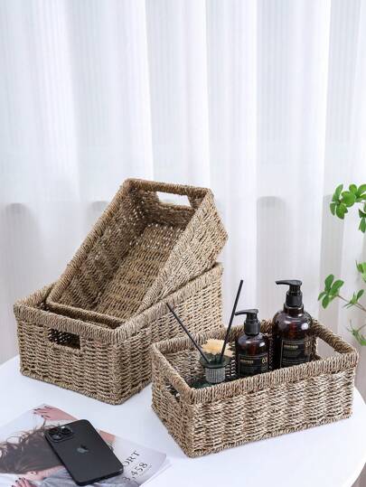 1 قطعة/3 قطع سلة تخزين مُنسوجة يدويًا،منظم من القصب للحمام والمطبخ والنوم والغسيل وديكور المنزل - منظم طاولة كبير مصنوع يدويًا من الخيزران لورق المرحاض والمستحضرات التجميلية ، منظم للرفوف، حفلات خارجية، وإكسسوارات المكتب