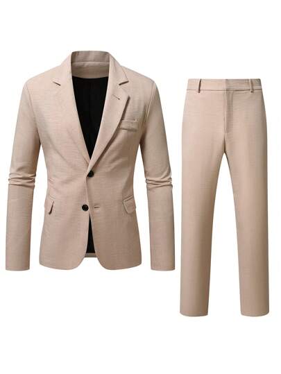 Manfinity Mode بدلة كاجوال برقبة التقليب من القصير والصيفي، جاكيت جاكت وبنطلون مجموعة للرجال بلون المشمش الفاتح