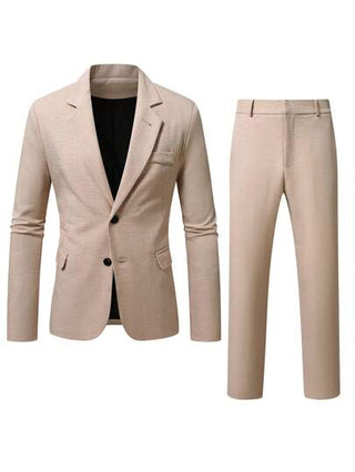 Manfinity Mode بدلة كاجوال برقبة التقليب من القصير والصيفي، جاكيت جاكت وبنطلون مجموعة للرجال بلون المشمش الفاتح