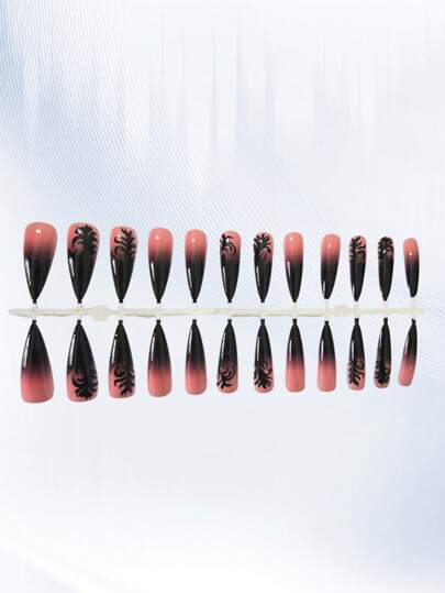 somoving 24 قطعة أظافر وهمية بشكل لوز مدبب فرنسي جميل للاستخدام على مدار العام ومجموعة أطقم أظافر ذات تصميم بتلة سوداء، وقطعة واحدة من غراء الأظافر وجهاز ملمع للأظافر وأدوات فن الأظافر
