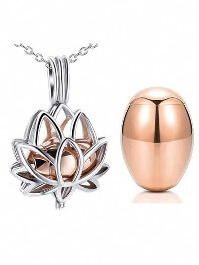 قلادة وعاء جنازة على شكل زهرة اللوتس لحفظ الرماد، مجوهرات مذكرة لحفظ الرماد مع وعاء صغير لحفظ جزء من الرماد كذكرى