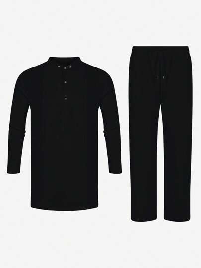 مجموعة قطعتين للرجال أبيض داشيكي ، تصميم بسيط وعادي ، ياقة فريدة ، بقصة مناسبة ، قميص بأكمام طويلة وبنطال بخصر مطاطي ، ملابس أفريقية عصرية ، ملائمة للحفلات ، المناسبات ، الزفاف والأحداث الثقافية