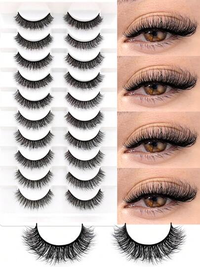 10 أزواج رموش مصطنعة طويلة وكثيفة 6-18مم لمظهر طبيعي على شكل عيون القطة، رموش مصطنعة سميكة للمكياج