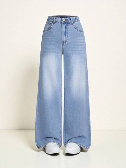 SHEIN جينز بنطال واسع جينز دينيم غسيل متهتك للفتيات المراهقات الكاجوال