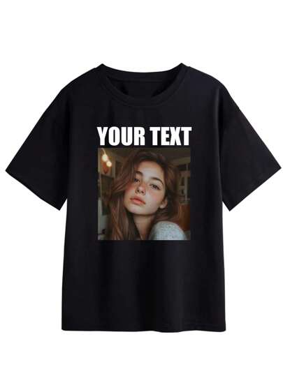 هدايا شخصية مخصصة، تي شيرتات نسائية مخصصة، أضف نصك وصورك، يمكنك اختيار لونك المفضل وخط النص، صمم تي شيرتك المطبوع الشخصي كهدية لصديقتك، بلوفر، قميص ثقيل تاريخ الزوجين وما إلى ذلك. مريح وكاجوال، ملابس علوية نسائي، ملابس علوية مطبوعة مخصصة، تي شيرتات نسائية