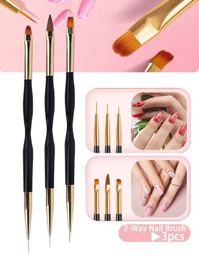 طقم فرش فن الأظافر - 3 قطع فرش أظافر أكريليك ذات طرفين احترافية، فرش رفيعة للتفاصيل والرسم، فرش بناء الجل، أدوات فن الأظافر ثلاثية الأبعاد، فرشاة تنظيف أدوات الأظافر، بالإضافة إلى قلم جل وفرشاة خط العين، مناسبة لاستخدام المنزلي والصالون الاحترافي