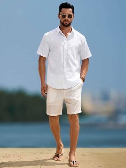 Manfinity Nomadique قميص كاجوال قصير الأكمام لون سادة للرجال في الصيف