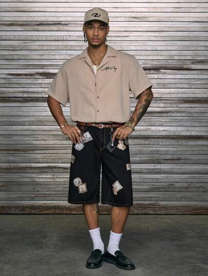 AXEPEAK قميص رجالي بأكمام قصيرة فضفاض، قميص بأزرار بحروف عتيقة، قميص العودة إلى المدرسة، للإجازات والأصدقاء