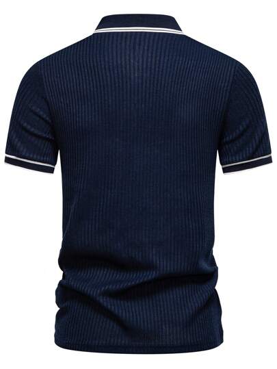 Manfinity Homme قميص بولو قصير الأكمام مُحاك بأكمام منقوشة للرجال ، كاجوال صيفي