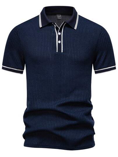 Manfinity Homme قميص بولو قصير الأكمام مُحاك بأكمام منقوشة للرجال ، كاجوال صيفي