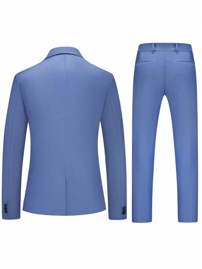 Manfinity Mode طقم برنامج رسمي كاجوال للرجال قطعتين، بدلة طويلة الأكمام سادة واللون الأزرق الفاتح، متكونة من البليزر والبنطلون، طقم أزرق كامل للرجال