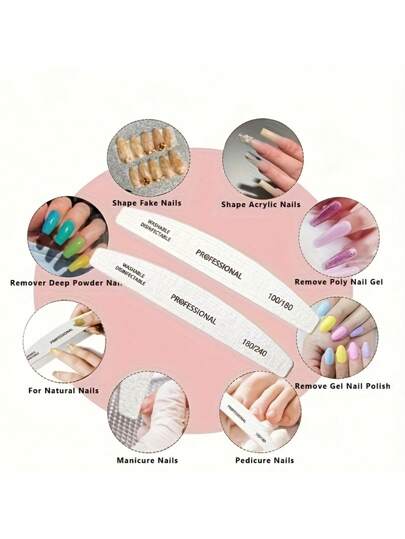 5 مجموعة منشار أظافر على شكل هلال نصفي احترافي، مقاوم للماء وللبلى، شرائط تقليم الأظافر، حبيبة100/180، مناسب للزخرفة والتدليك، استخدام لحواف الأظافر الملساء والمتساوية، عناصر مهمة للفن، أدوات تجميل أنيقة ومتينة