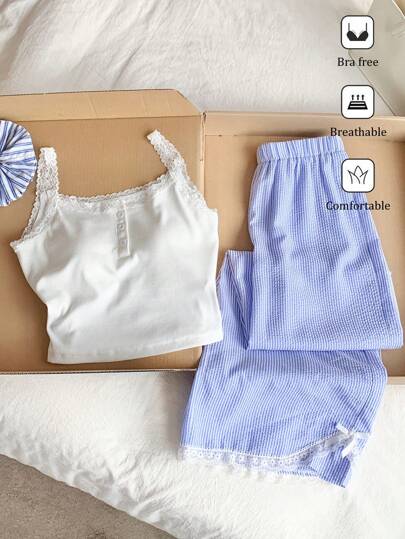 Comfortcana طقم بسترة وبنطال مخطط مزود بكأس دانتيل للنساء