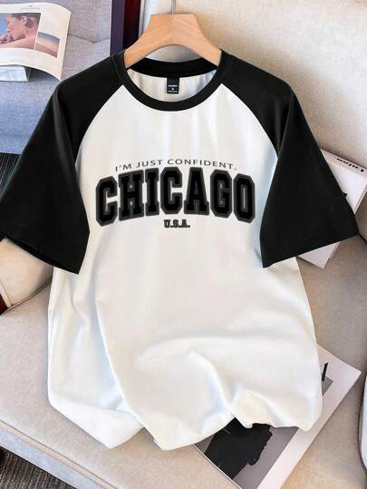 Manfinity Joysei تي شيرت رجالي انتاجي مبسط مطبوع عليه حرف \شيكاغو\" مناسب للصيف واستخدامات يومية متنوعة"