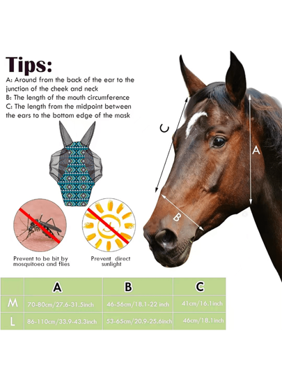 (الأزرق الداكن مقاس م، ل) قناع رأس الحصان بأذنين بطراز بوهيمي، قناع وجه حصان مطاطي مع غطاء شبكي كبير، قناع وجه فروسية مريح وقابل للتنفس
