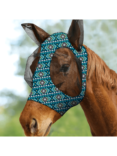 (الأزرق الداكن مقاس م، ل) قناع رأس الحصان بأذنين بطراز بوهيمي، قناع وجه حصان مطاطي مع غطاء شبكي كبير، قناع وجه فروسية مريح وقابل للتنفس