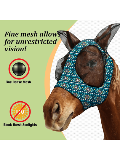 (الأزرق الداكن مقاس م، ل) قناع رأس الحصان بأذنين بطراز بوهيمي، قناع وجه حصان مطاطي مع غطاء شبكي كبير، قناع وجه فروسية مريح وقابل للتنفس