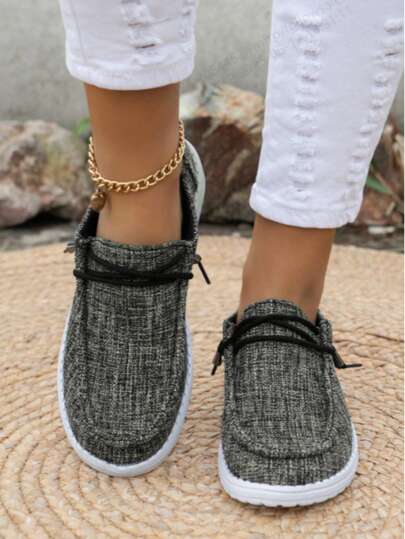 أحذية كانفاس رياضية كاجوال للنساء، باللون الرمادي المنفذ للهواء وغير قابلة للانزلاق، قماش كانفاس بنمط لون واحد، برقبة مستديرة، رباط مرن، سهلة الارتداء