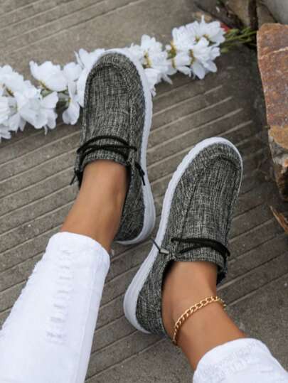 أحذية كانفاس رياضية كاجوال للنساء، باللون الرمادي المنفذ للهواء وغير قابلة للانزلاق، قماش كانفاس بنمط لون واحد، برقبة مستديرة، رباط مرن، سهلة الارتداء