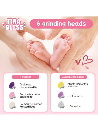Tinabless جهاز حلاقة أظافر كهربائي لطيف برأس واحد | مقص أظافر آمن للأطفال | طاحونة أظافر تلقائية، 6 رؤوس طحن، مقص أظافر آمنة للأصابع والأظافر، ملف الأظافر أداة لتصفيف الأظافر بسهولة وبلطف