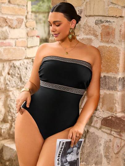 SHEIN Swim Curve بذلة استحمام قطعة واحدة للنساء كبيرات الحجم، بتصميم بسيط للارتداء اليومي والإجازات والشاطئ، صيفي