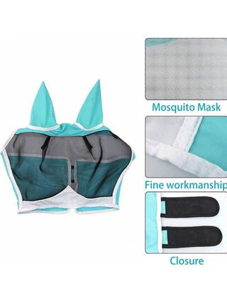 قناع وجه للخيل من الشبكة الناعمة مع غطاء للأذنين، قناع وجه خيول قابل للتنفس لحماية العيون والوجه