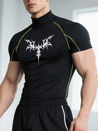 Manfinity Sport Corelite تي شيرت رياضي أكمام قصيرة بفتة ضيق مطبوع بألوان متباينة للرجال