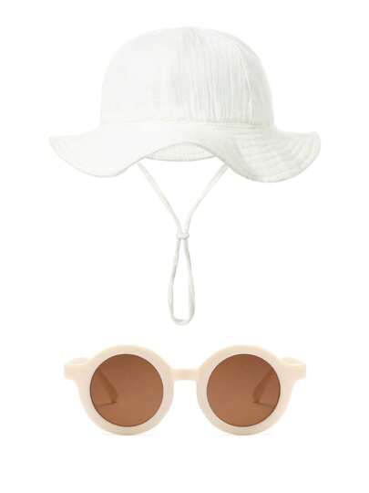 2 قطعة قبعة دلو طفل مزينة بأزرار نقش الزهور مناسبة للأطفال من 0-1 سنوات ، نظارات رجعية للأطفال من 1-8 سنوات للاستخدام اليومي والتصوير الفوتوغرافي