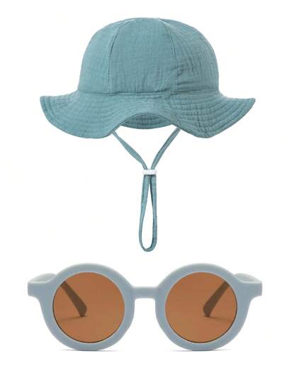 2 قطعة قبعة دلو طفل مزينة بأزرار نقش الزهور مناسبة للأطفال من 0-1 سنوات ، نظارات رجعية للأطفال من 1-8 سنوات للاستخدام اليومي والتصوير الفوتوغرافي