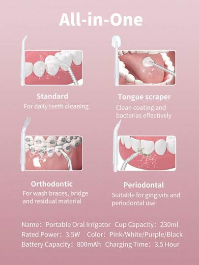 آلة غسيل الأسنان بالماء المتنقلة، منظف أسنان مائي لاسلكي قابل للشحن، 3 أوضاع و 4 نصائح، منظف أسنان مقاوم للماء للاستخدام المنزلي والسفر