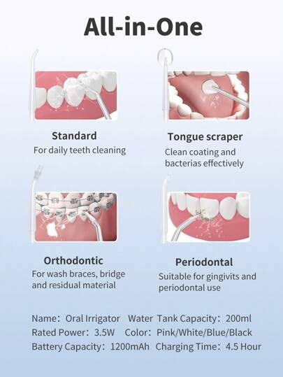 منظف الأسنان المائي المحمول القابل للشحن ب- 3 أوضاع، وأداة غسل الأسنان المائية لا سلكية مناسبة للسفر والاستخدام المنزلي