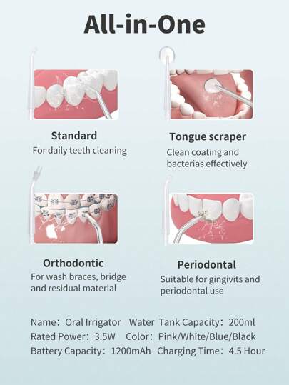 منظف الأسنان المائي المحمول، المشعر بالطاقة، 3 أنماط، سعة 330 مل، بدون أسلاك ، مناسب للتنظيف الأسنان للسفر والمنزل
