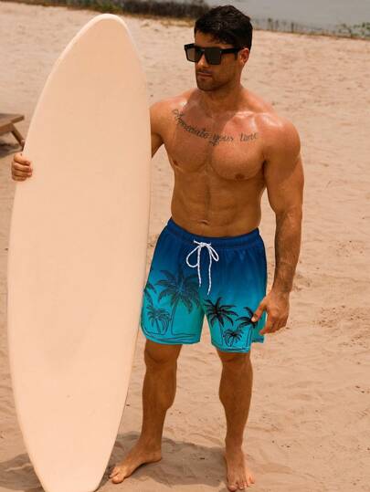 Manfinity VDAYZ شورت شاطئي ذو خصر مطاطي بطباعة أشجار النخيل للرجال