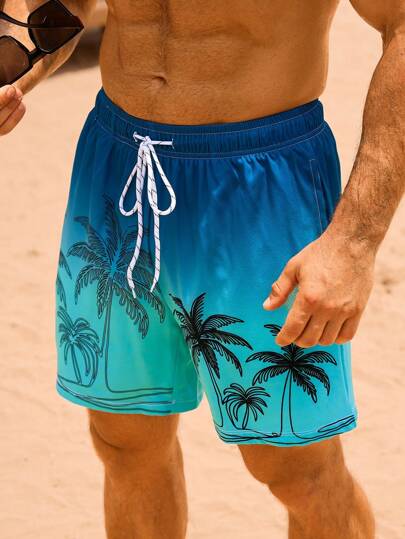 Manfinity VDAYZ شورت شاطئي ذو خصر مطاطي بطباعة أشجار النخيل للرجال