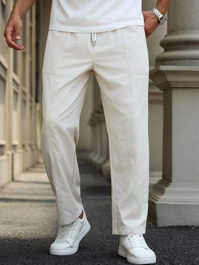 Manfinity Homme بناطيل كاجوال للرجال ذات لون أحادي مع خصر سحاب و جيوب، ضيقة في أسفل الساق