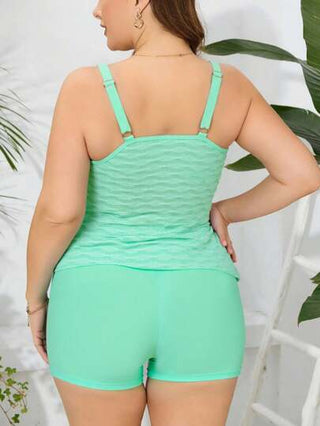 Swim Lushoire مجموعة تانكيني للنساء ذوات الحجم الكبير مزينة بتفاصيل الحلقة O لفصل الصيف واللون الأحادي للشاطئ